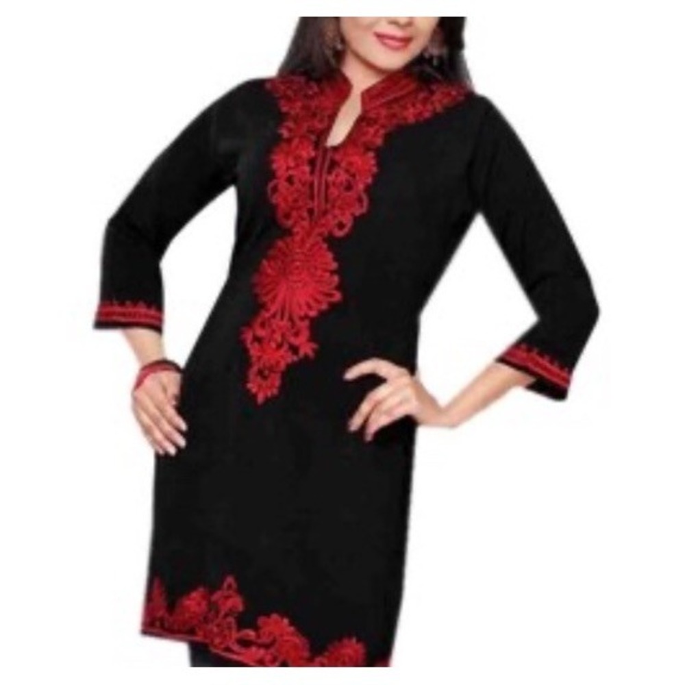 Kashmiri Red Embroidered On Black Cotton Kurti with Intricate Floral Patterns‎ L